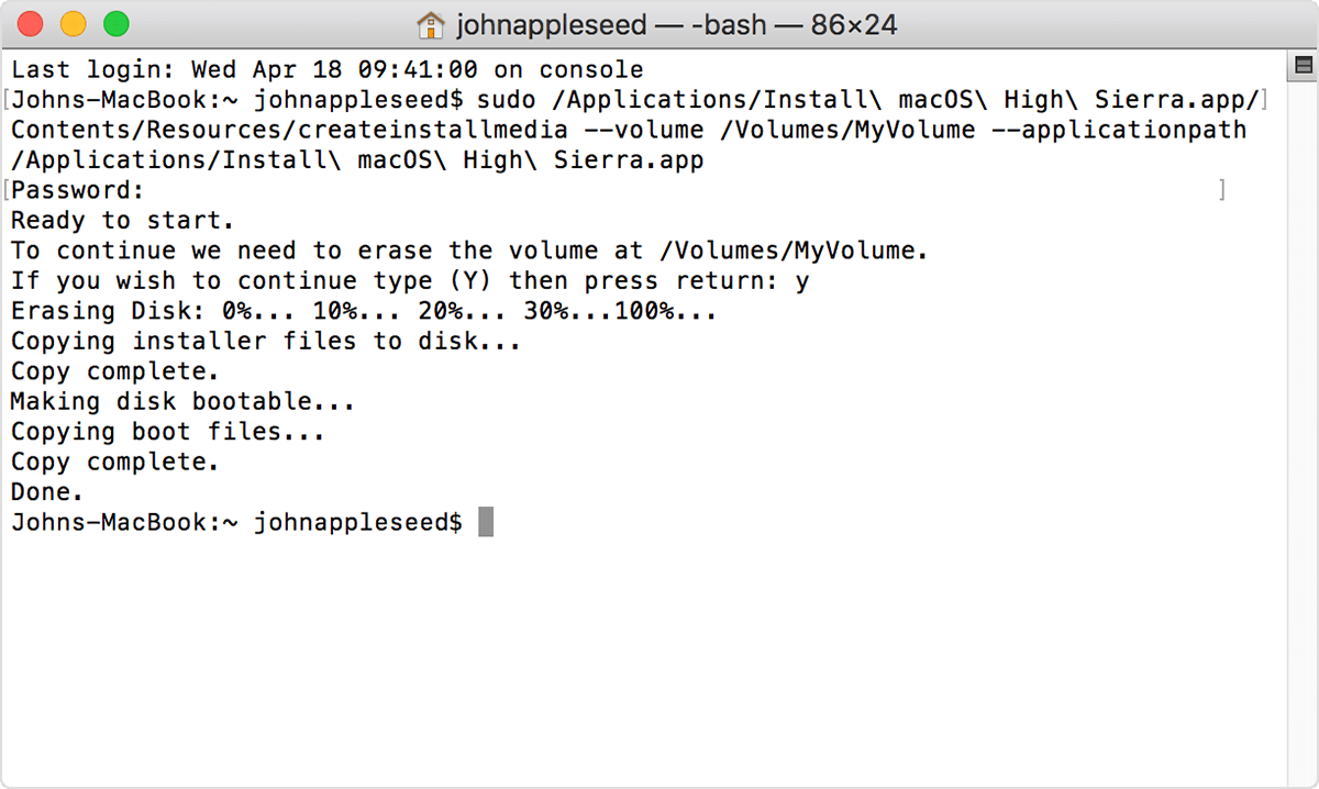 macos high sierra terminal create bootable installer
